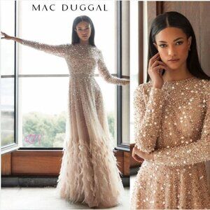 Mac Duggal 11782  Disc Embellished Sequin Gown‎ Feathers Size 10 Dusty Rose